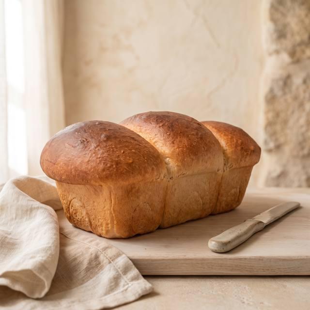Goldbraunes, fluffiges Toastbrot im Ganzen auf der Arbeitsfläche – Pampered Chef® Rezept