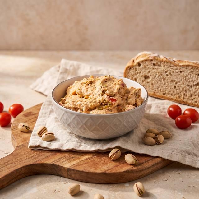 Tomaten-Pistazien-Dip in einer Schüssel mit Cherry-Tomaten, Pistazien und Brot im Hintergrund