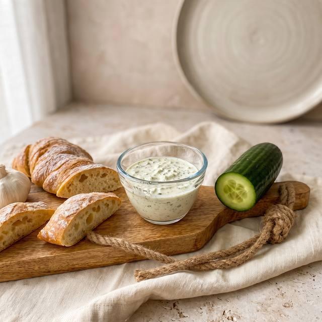 Tzaziki in einer Glasschüssel mit frischem Brot und einer halben Gurke im Hintergrund