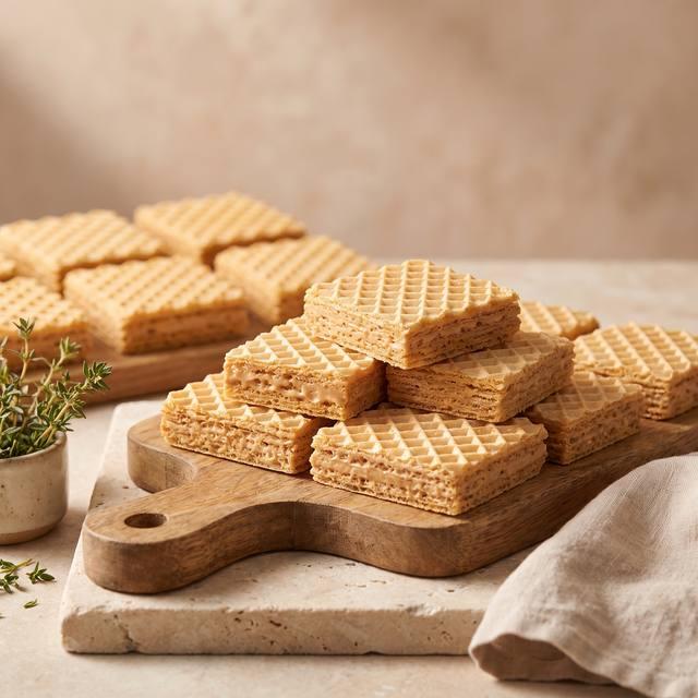 Waffeltorte mit Karamell-Buttercreme, in Stücke geschnitten, auf einem Holzbrett – Pampered Chef® Rezept