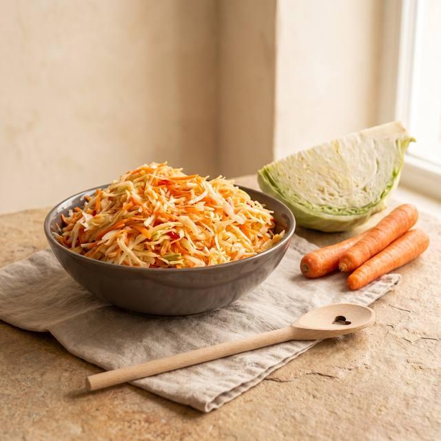 Weißkohlsalat mit Möhren und Paprika in einer dunklen Schüssel, daneben frischer Weißkohl und Möhren – Pampered Chef® Rezept