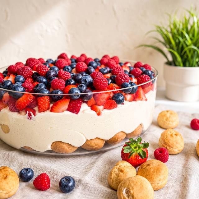 Windbeutel-Dessert mit Beeren in einer großen Glasschale, mit Erdbeeren, Heidelbeeren und Himbeeren dekoriert