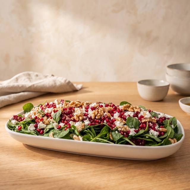 Wintersalat mit Feldsalat, Feta, Roter Bete, Walnüssen und Granatapfelkernen auf einer ovalen Platte – Pampered Chef® Rezept