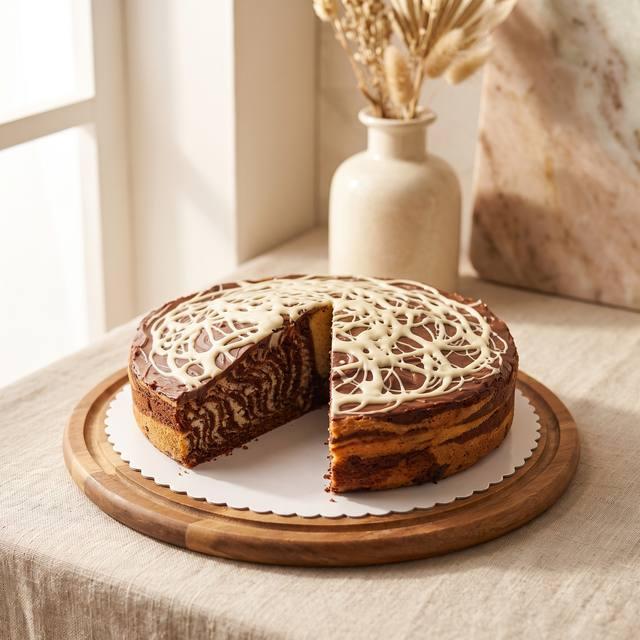 Angeschnittener Zebrakuchen mit sichtbarem Marmormuster, verziert mit heller und dunkler Schokoladenglasur – Pampered Chef® Rezept