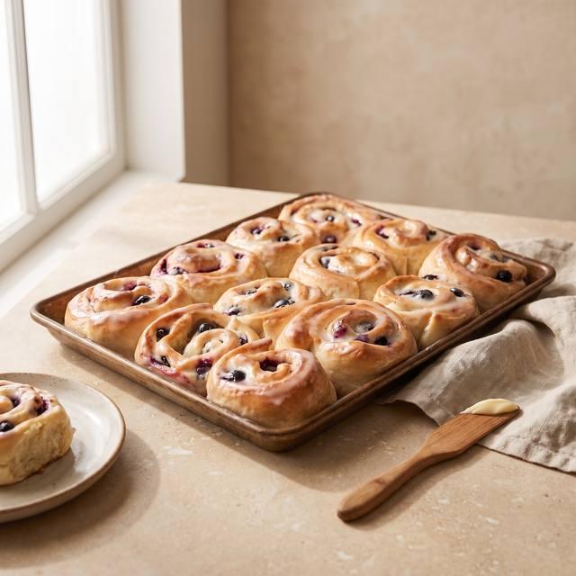 Zitronen-Heidelbeer-Schnecken mit Zitronenglasur auf einer Stoneware-Backform – Pampered Chef® Rezept
