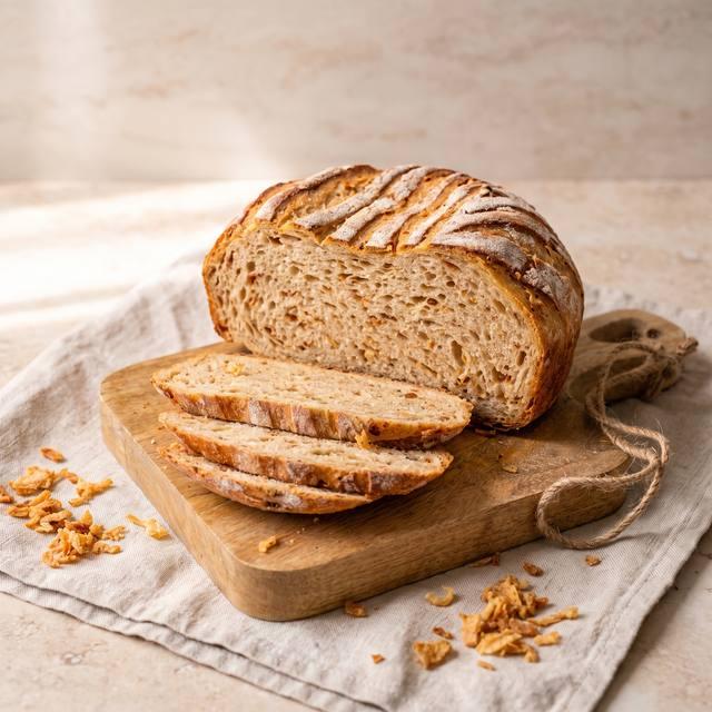 Aufgeschnittenes Zwiebelbrot mit knuspriger Kruste auf einem Holzbrett, daneben Röstzwiebeln und eine Pflanze – Pampered Chef® Rezept