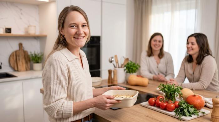 Natalia bei einer Pampered Chef® Kochshow, umgeben von lachenden Gästinnen